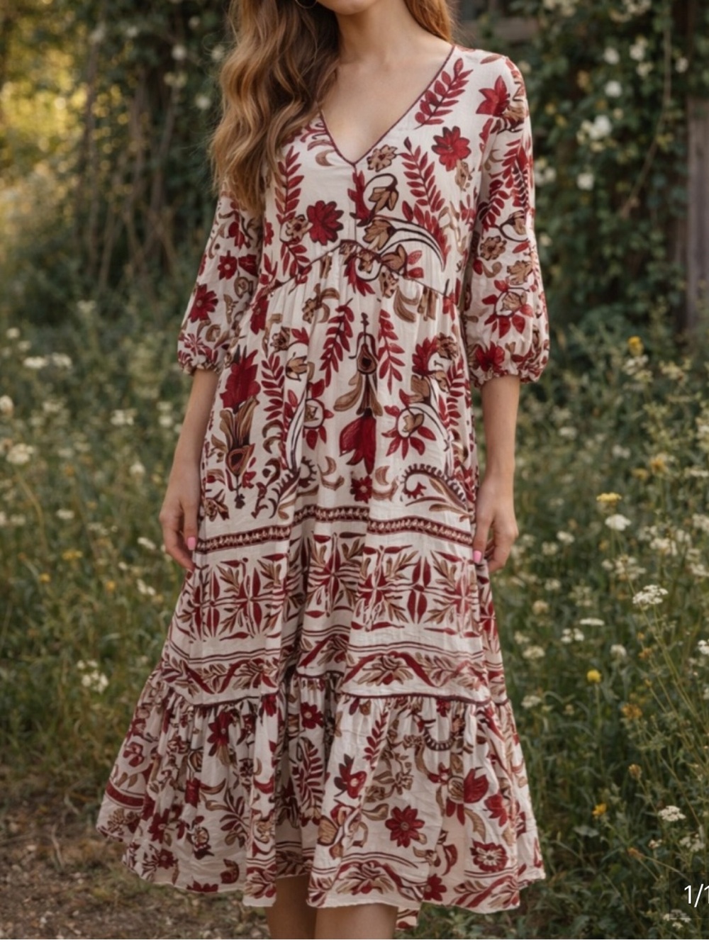 NWT Anthropologie Fig + Flower Linen Blend Tiered Boho Floral Midi Dress Sz M